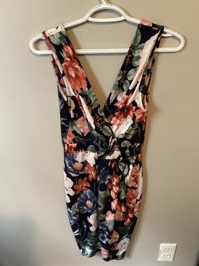 Floral Deep V-Neck Bodycon Dress - Navy and Rose